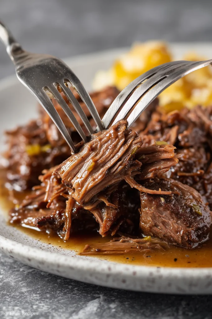 Shredded mississippi pot roast in peppery gravy inside a slow cooker