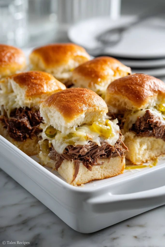 Layered Mississippi pot roast sliders assembled in a casserole with cheese and beef before baking