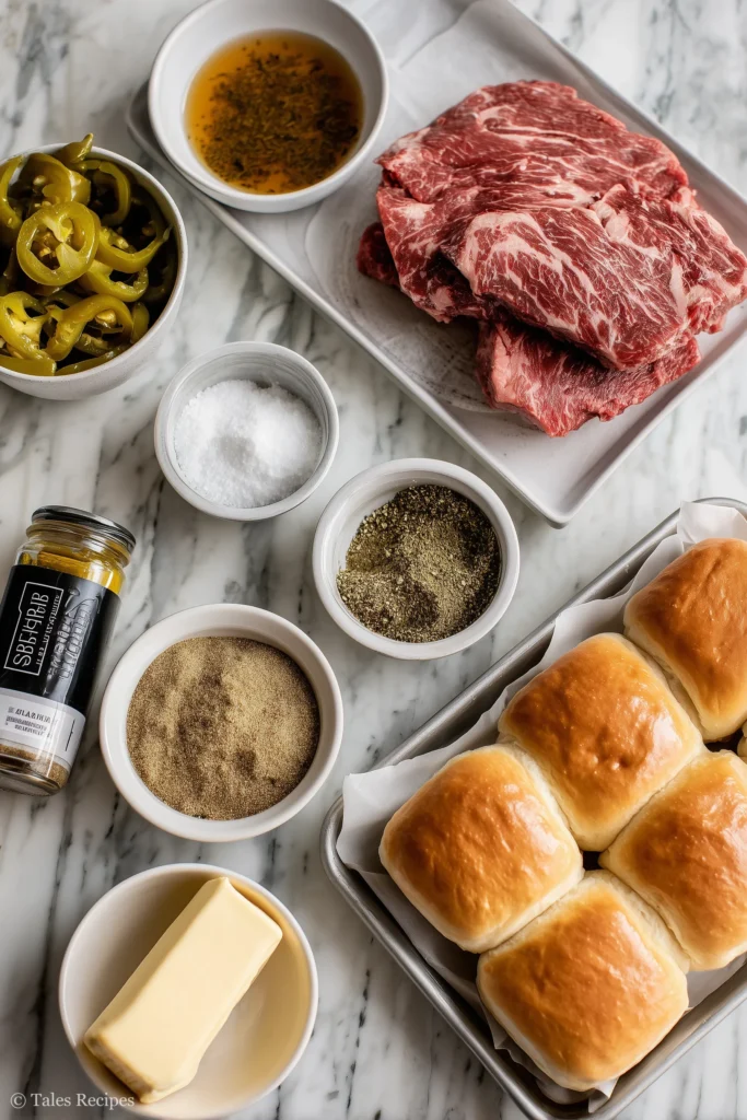 Ingredients to make Mississippi pot roast sliders displayed on a white marble counter for reference