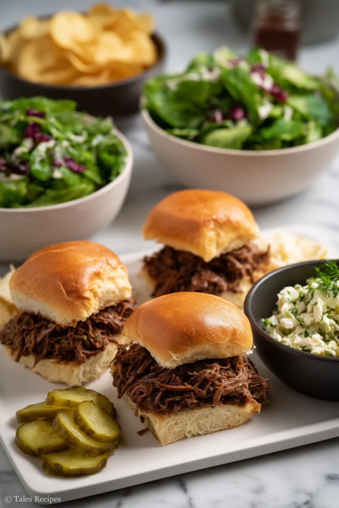 Mississippi pot roast sliders served with salad coleslaw chips and pickles for a crowd-pleasing meal