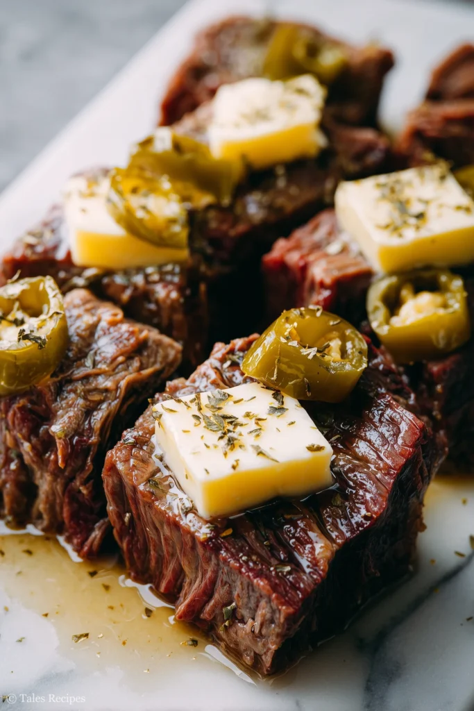 Slow cooked beef for Mississippi pot roast sliders topped with peppers and seasonings ready to shred