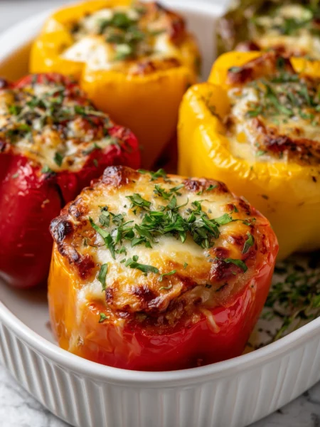Featured image of old fashioned stuffed bell peppers with rice in a baking dish on white marble