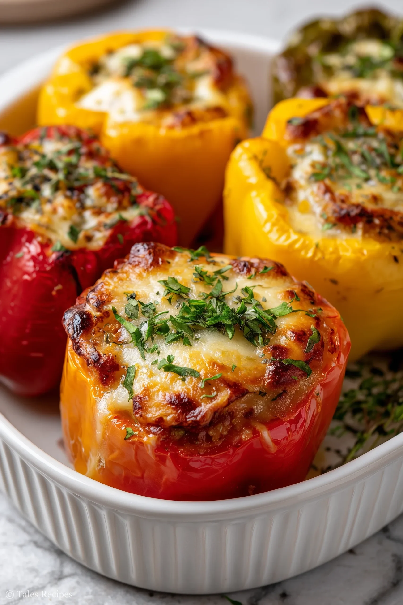Featured image of old fashioned stuffed bell peppers with rice in a baking dish on white marble