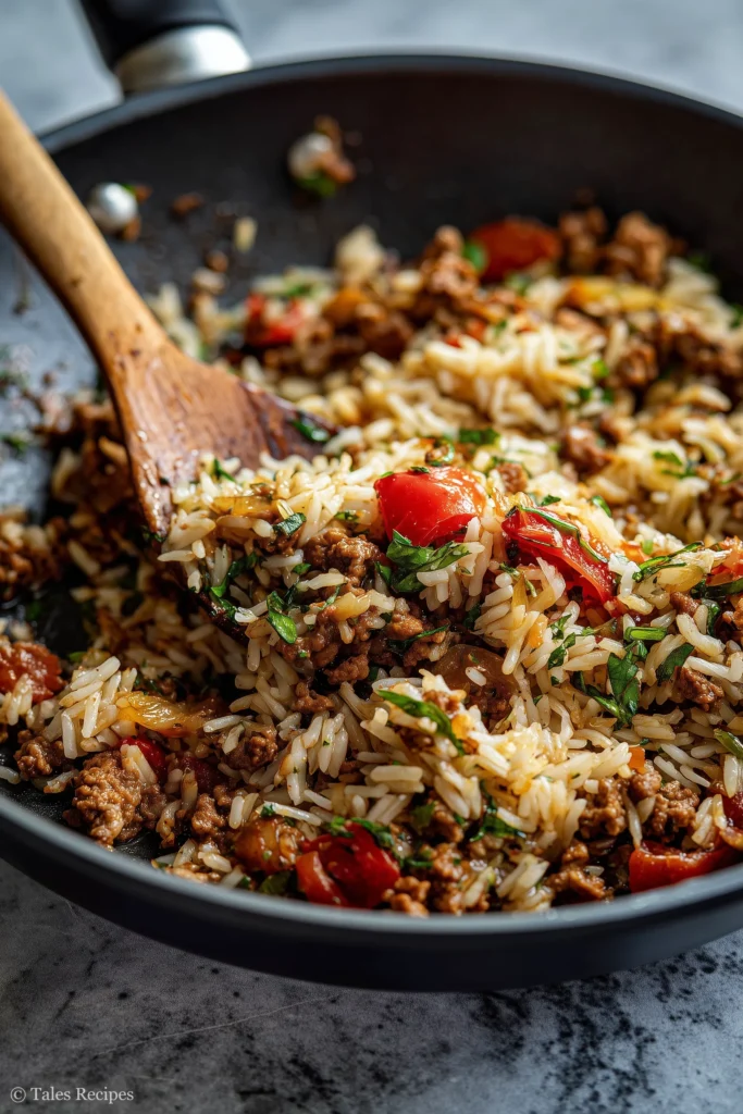 Savory meat and rice filling for old fashioned stuffed bell peppers with rice in a skillet