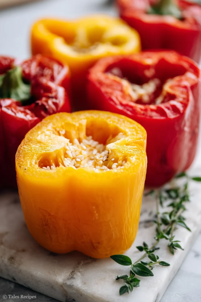 Bell peppers prepared for old fashioned stuffed bell peppers with rice on marble
