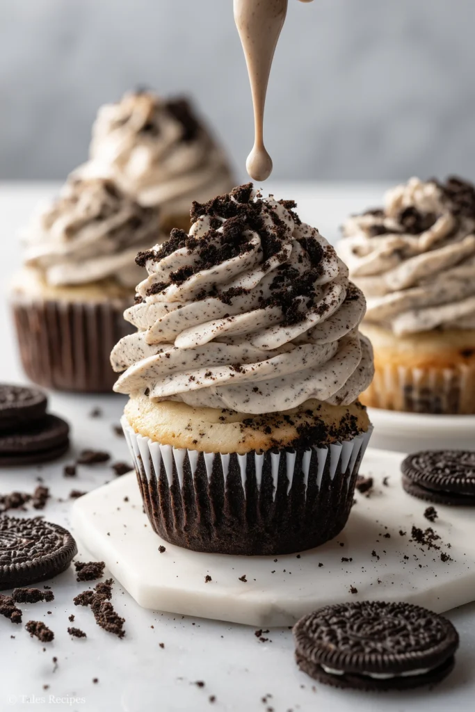 Piping cookies-and-cream frosting onto Oreo cupcakes on marble background
