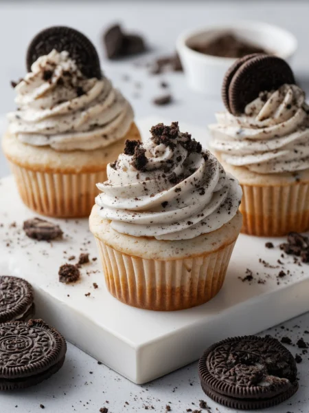 Bakery Oreo cupcakes with cookies-and-cream frosting on white marble countertop