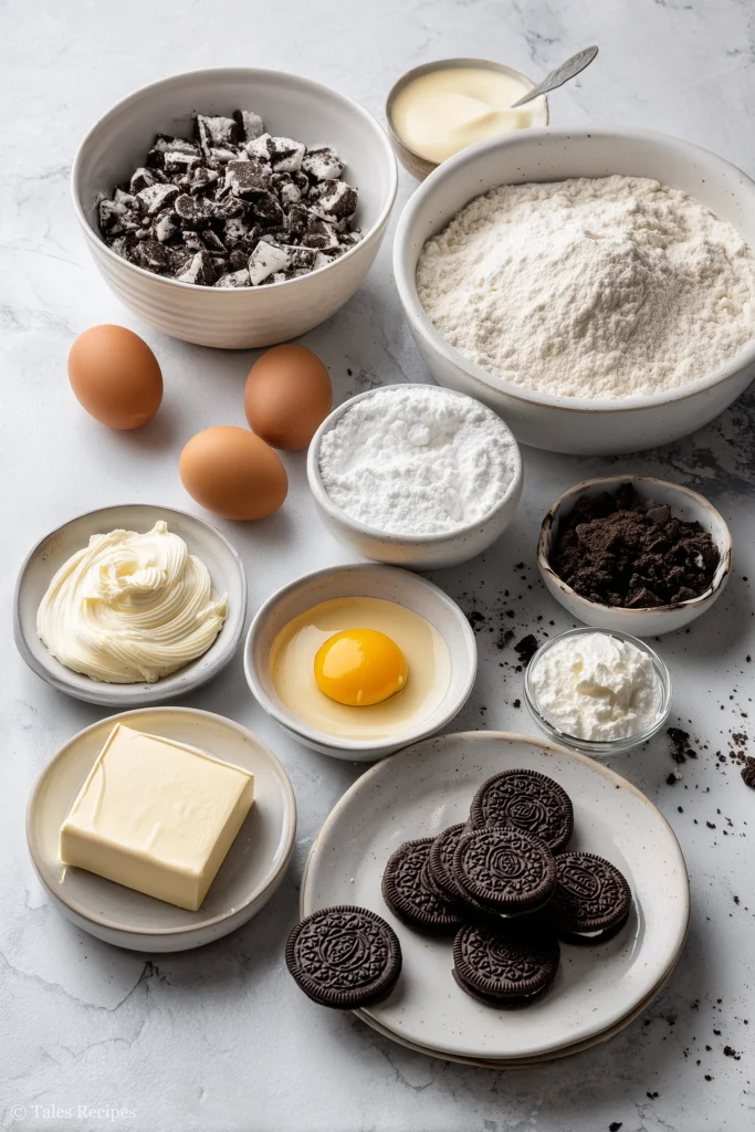 Oreo cupcakes ingredients displayed on white marble—including flour, eggs, crushed Oreos