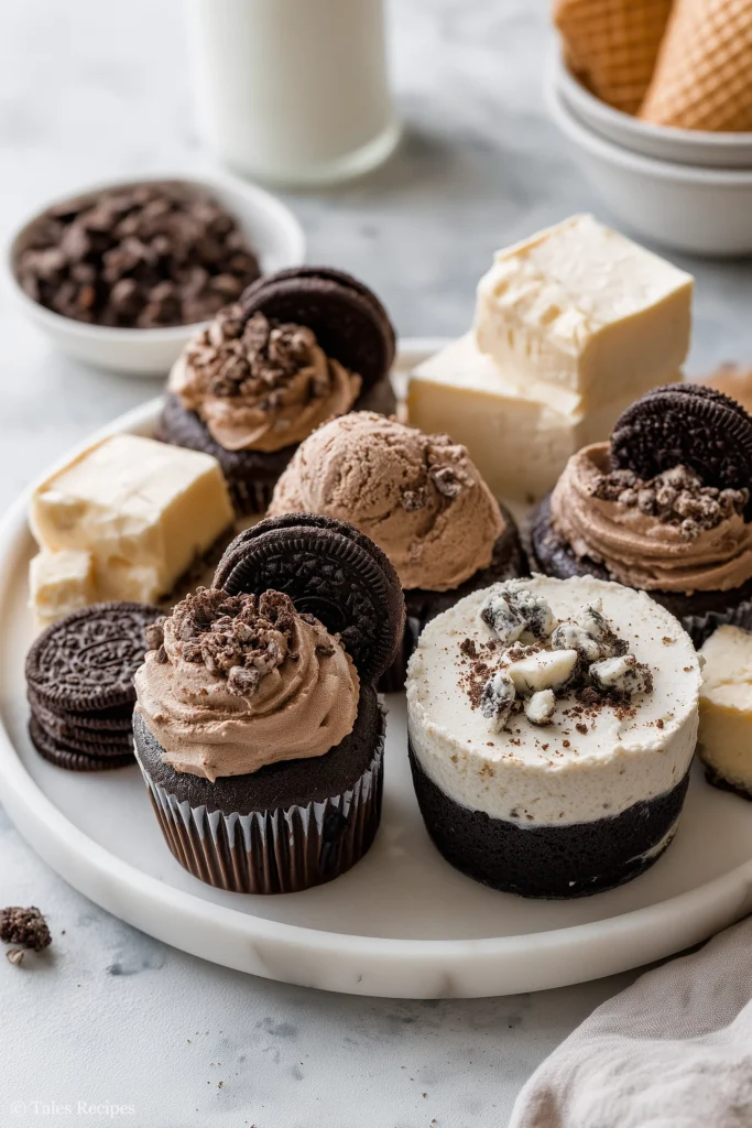 Oreo cupcakes with chocolate mousse and cheesecake bites on a marble dessert board