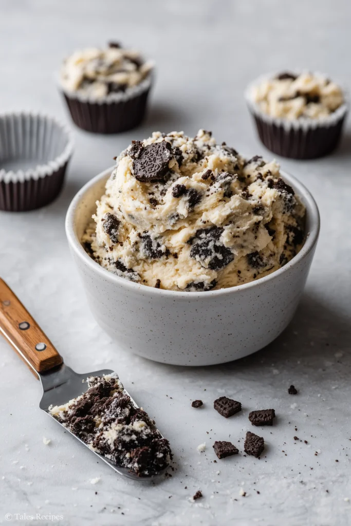 Oreo cupcakes batter with visible cookie chunks being mixed in bowl