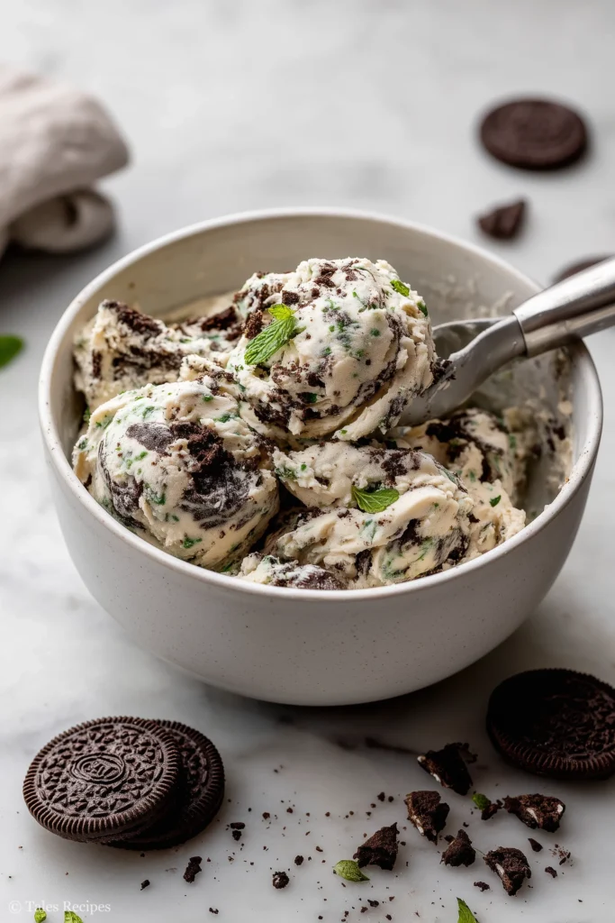 Bowl of Oreo peppermint cookies dough with visible crushed peppermint and Oreos