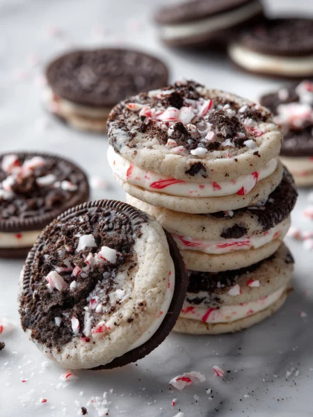 Oreo peppermint cookies arranged on white marble with crushed Oreos and peppermint candy