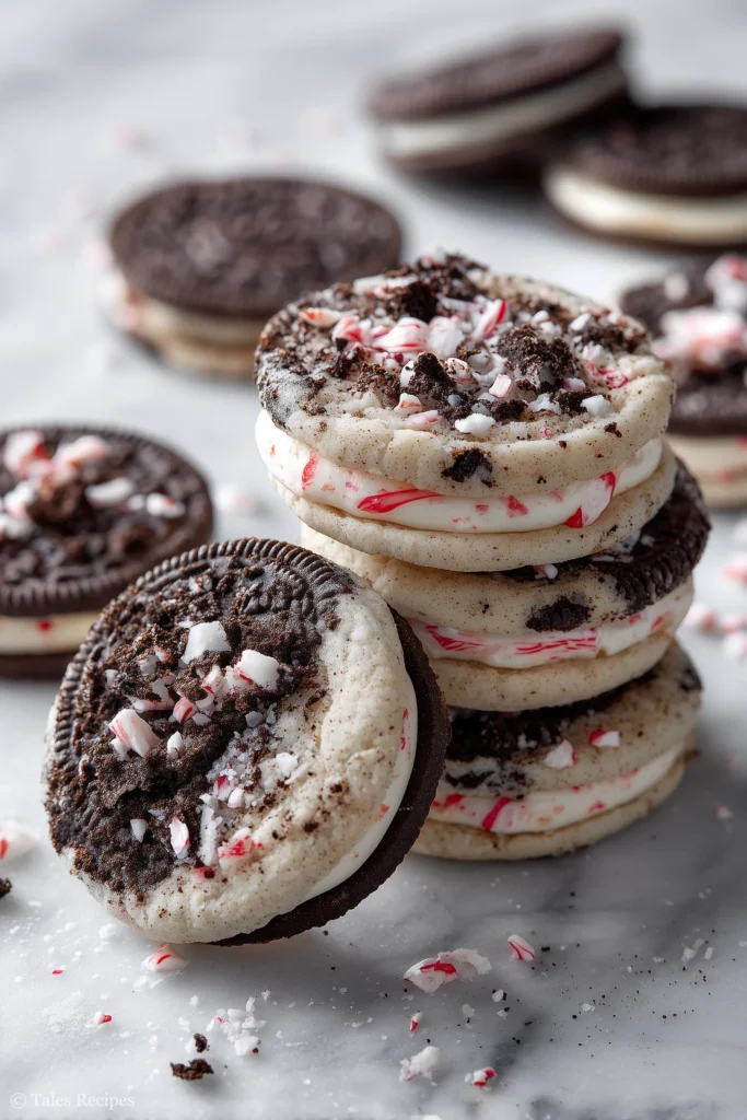 Oreo peppermint cookies arranged on white marble with crushed Oreos and peppermint candy