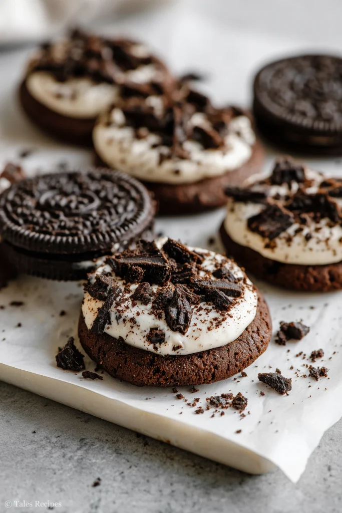 Warm fresh Oreo peppermint cookies with melted peppermint and Oreos on white marble