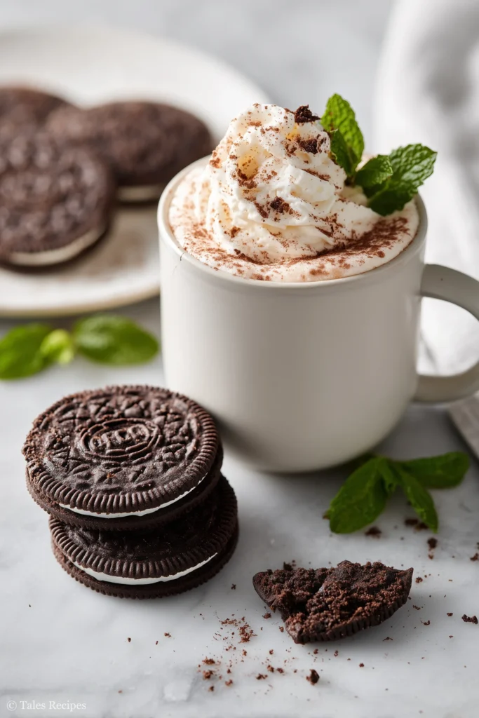 Oreo peppermint cookies with hot chocolate and whipped cream for a festive dessert