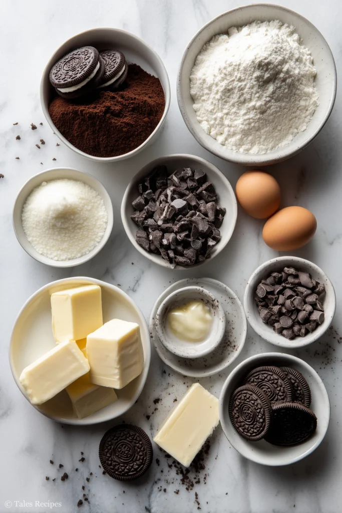 All Oreo peppermint cookies ingredients including Oreos, peppermint, cocoa, and butter on marble