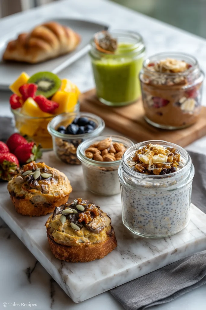 Overnight oats with fruit salad, muffins, smoothie, and toast on white marble
