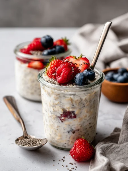 A creamy overnight oats jar topped with berries and chia seeds on marble background
