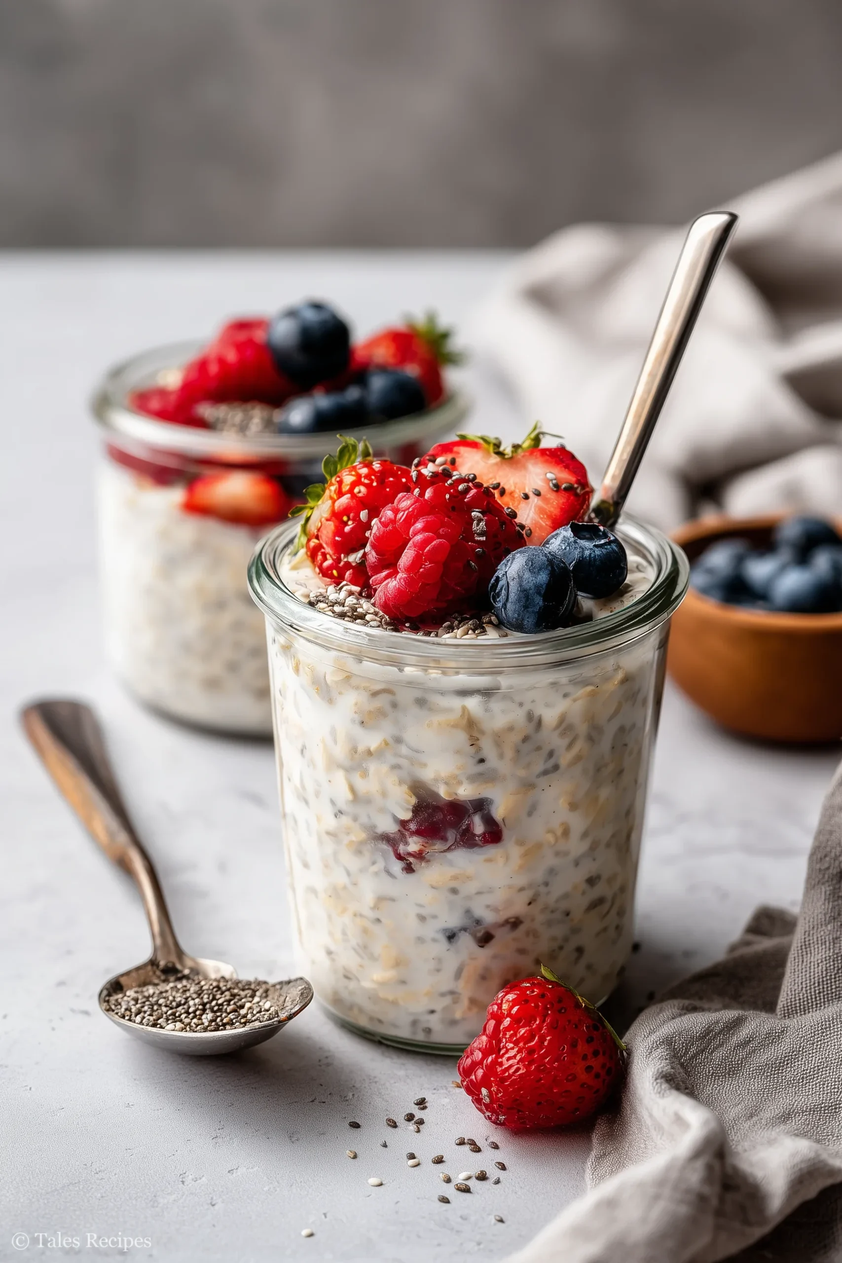 A creamy overnight oats jar topped with berries and chia seeds on marble background