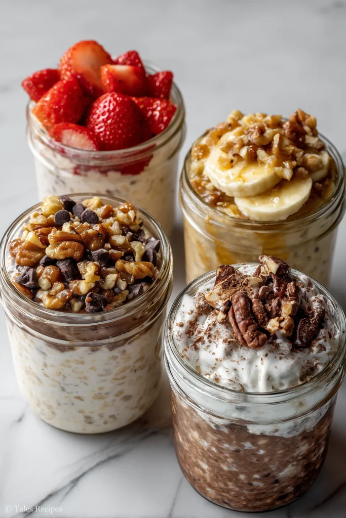Four overnight oats jars with various fruit, nut, and chocolate toppings
