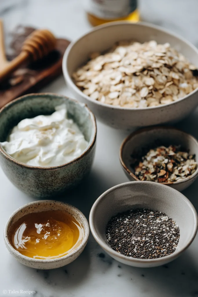 Overnight oats ingredients including oats, yogurt, milk, seeds, and toppings on marble