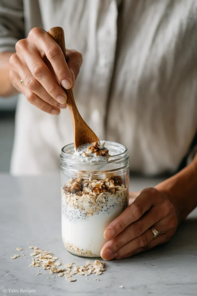 Stirring overnight oats mixture in a glass mason jar on marble background