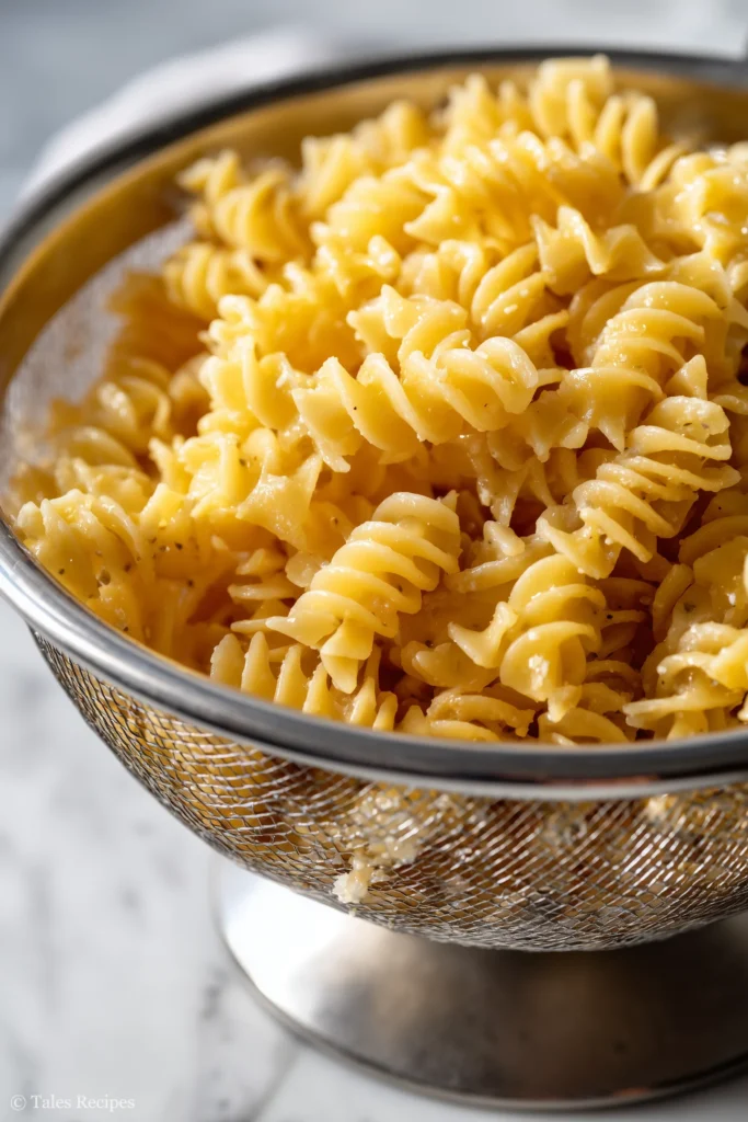 Colander of cooled al dente pasta ready for pasta primavera salad