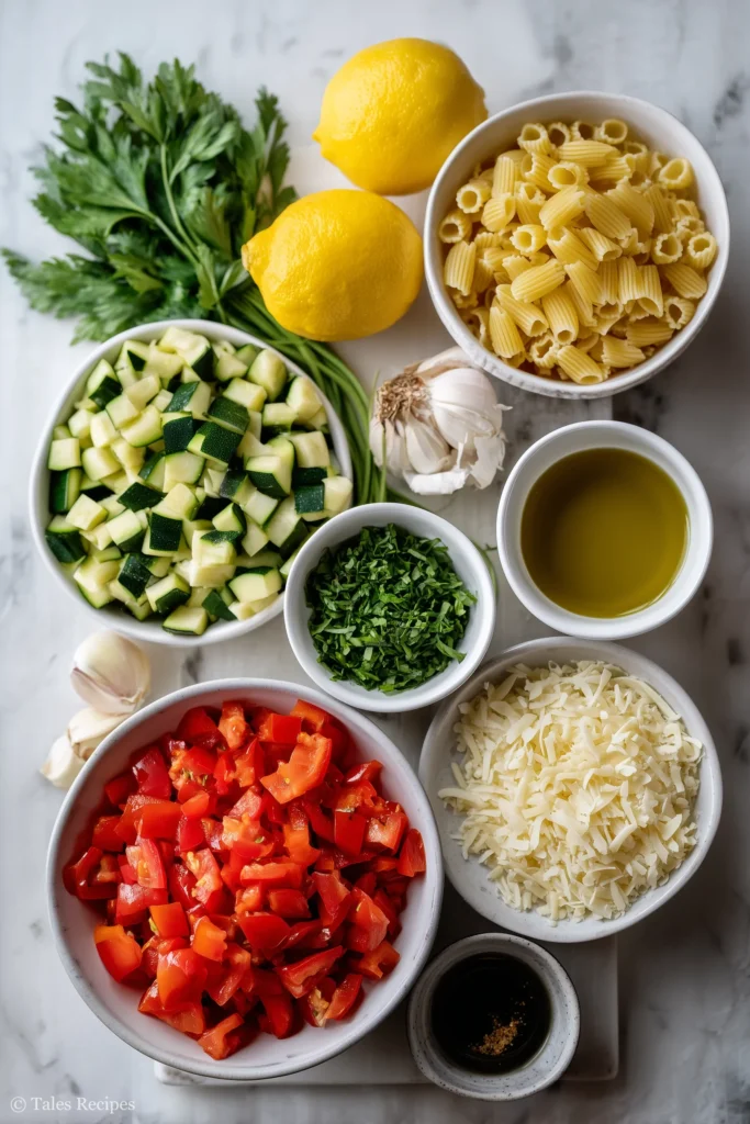 Fresh pasta primavera salad ingredients neatly arranged on white marble