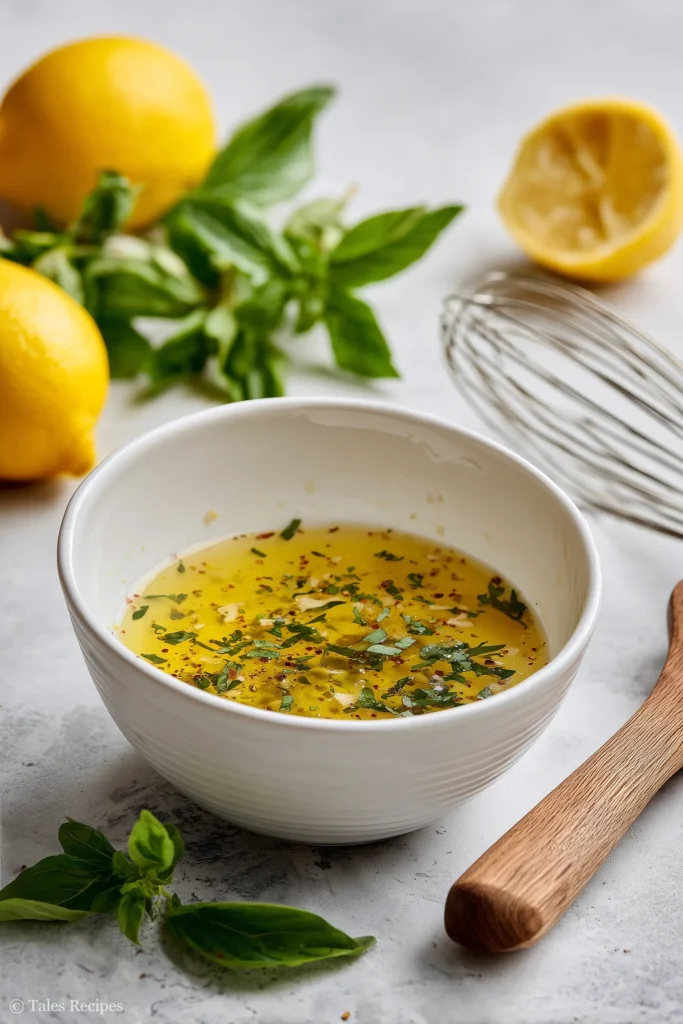Lemon garlic vinaigrette in small bowl for pasta primavera salad with basil