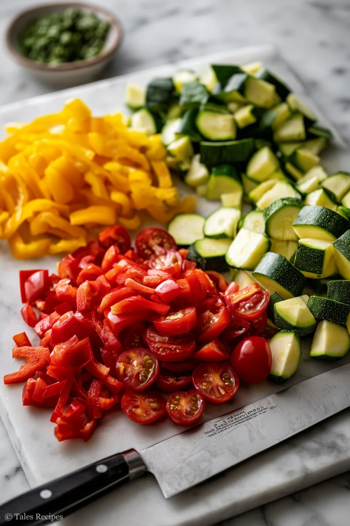Chopped colorful vegetables for pasta primavera salad spread on marble