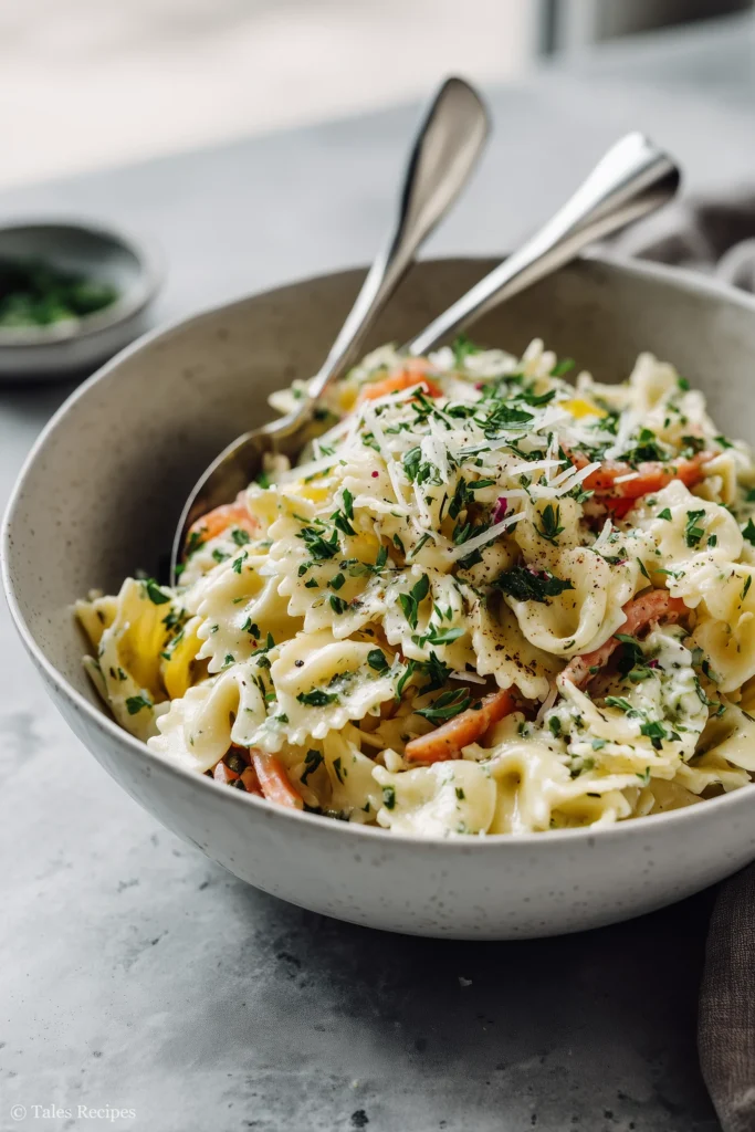 Large bowl of pasta primavera salad with herbs and cheese ready to serve