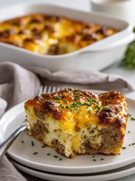 Sausage cheese eggs breakfast casserole with melted cheese and golden edges in close-up view.