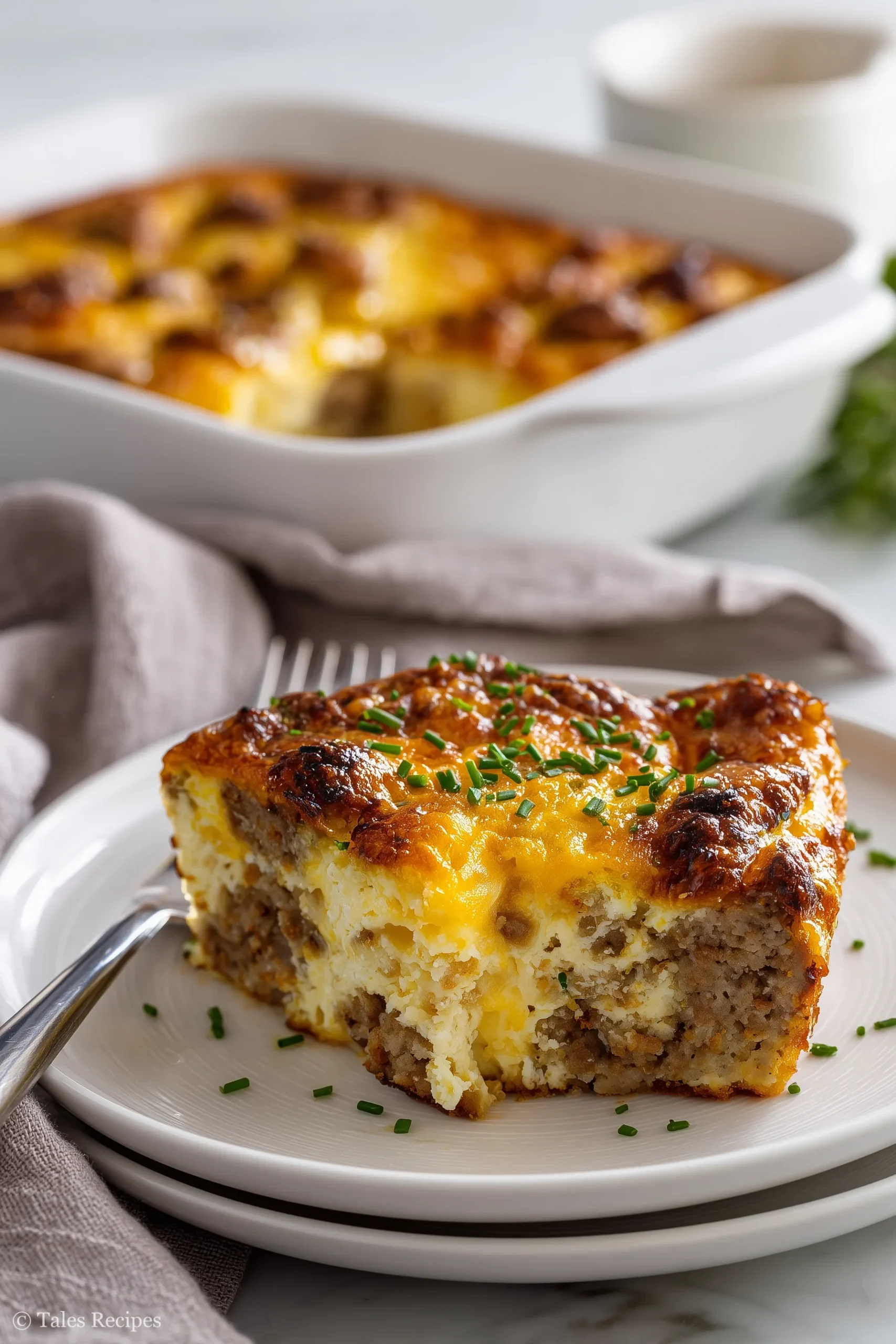 Sausage cheese eggs breakfast casserole with melted cheese and golden edges in close-up view.