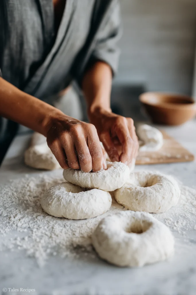 Cottage cheese bagel dough shaped into rounds with prominent bagel holes on marble