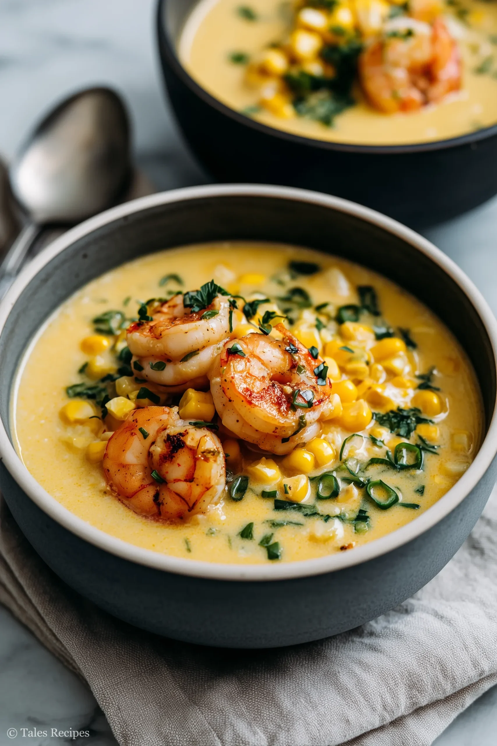 Classic shrimp and corn soup in a creamy broth with fresh herbs for family dinner