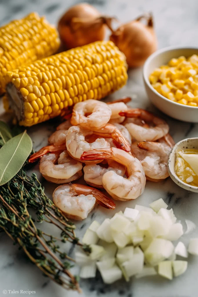 Ingredients for shrimp and corn soup including fresh shrimp, corn, onion, and creams