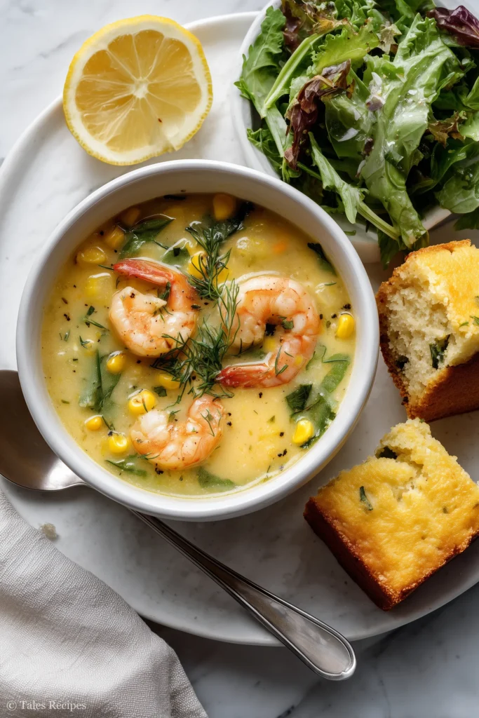 Shrimp and corn soup served with bread, salad, and cornbread for a family meal