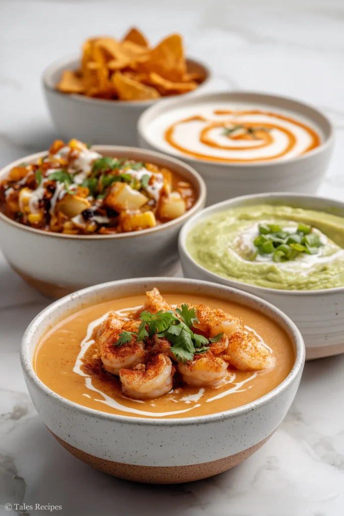 Four playful variations of shrimp and corn soup with toppings and regional flair