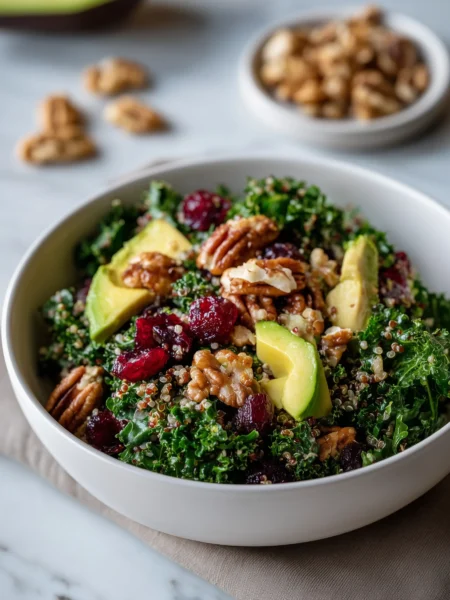 Featured superfood salad with kale, quinoa, avocado, nuts, and berries on white marble background.