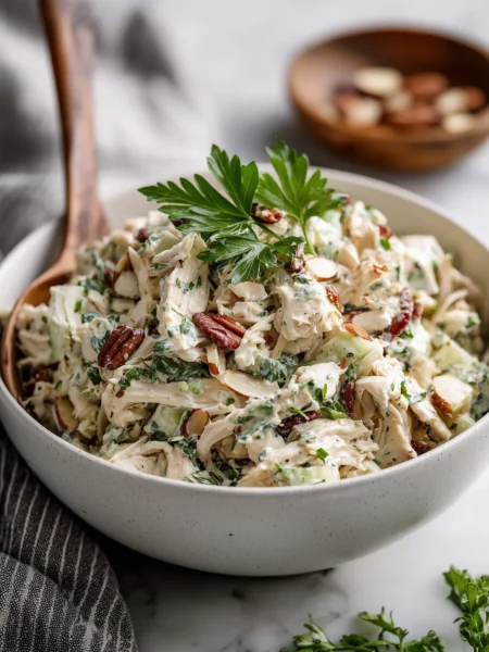Bowl of tossed chicken salad with rotisserie chicken and fresh herbs on marble