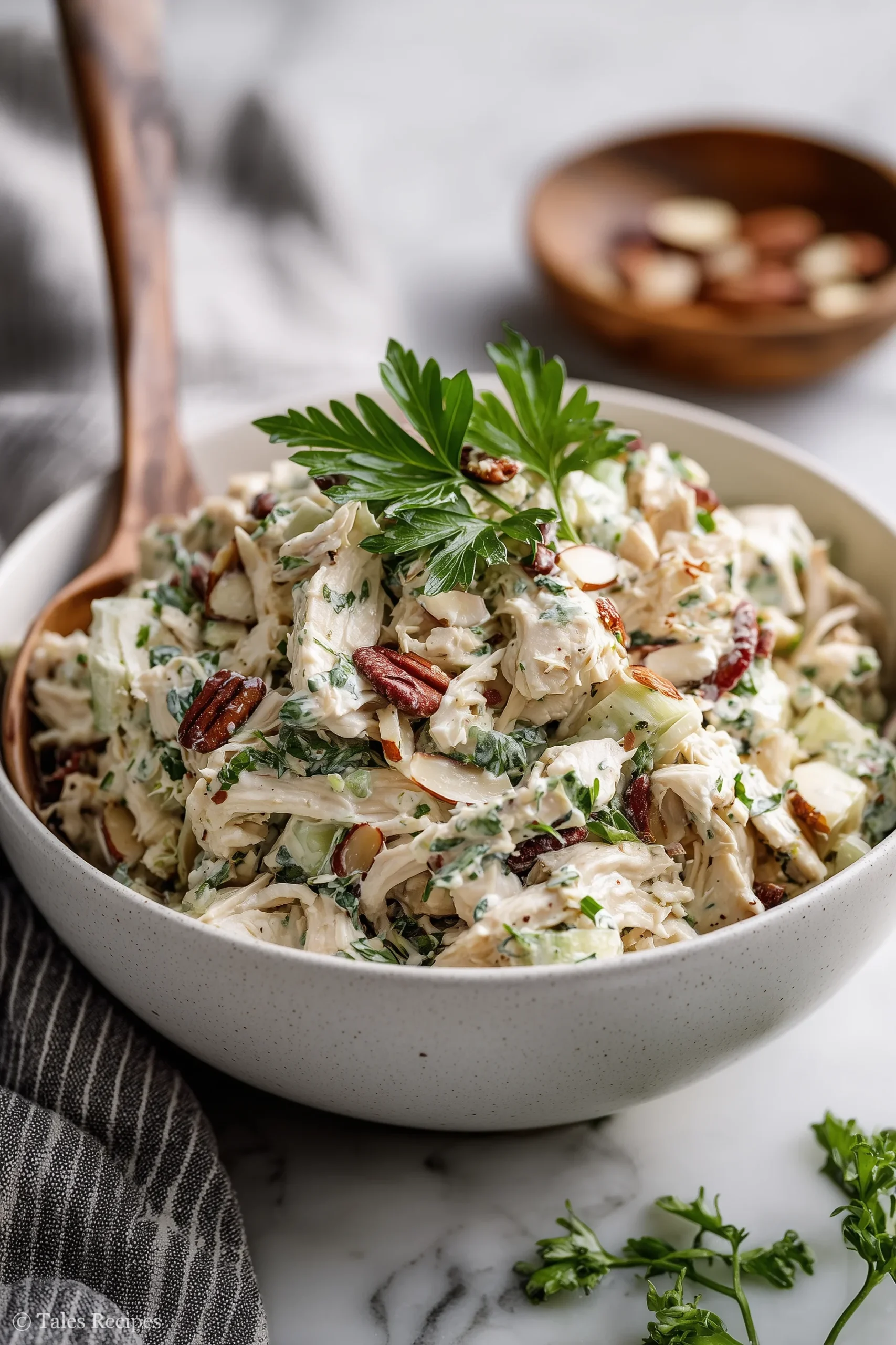 Bowl of tossed chicken salad with rotisserie chicken and fresh herbs on marble