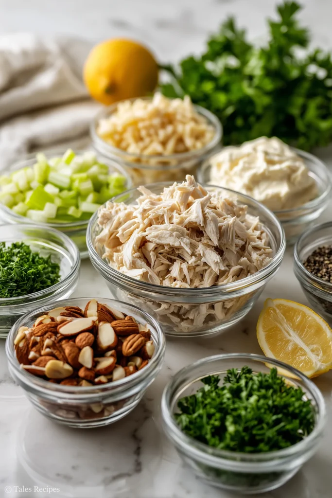 Key tossed chicken salad ingredients on white marble in prep bowls