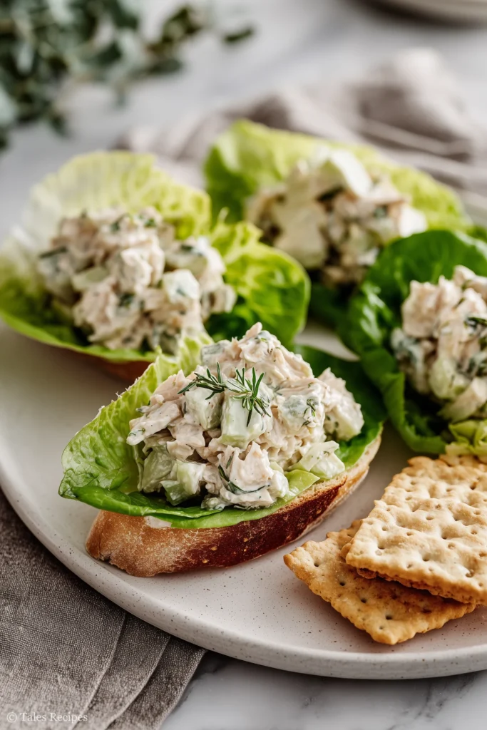 Tossed chicken salad served on lettuce with bread and crackers