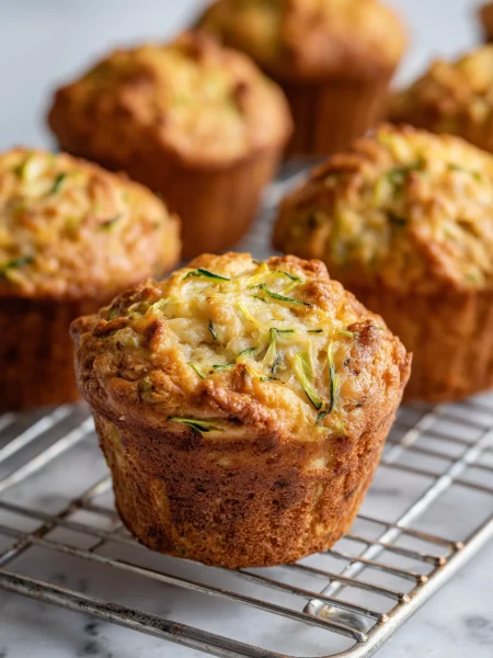 Golden zucchini banana muffins displayed on a wire rack in a modern kitchen setting.