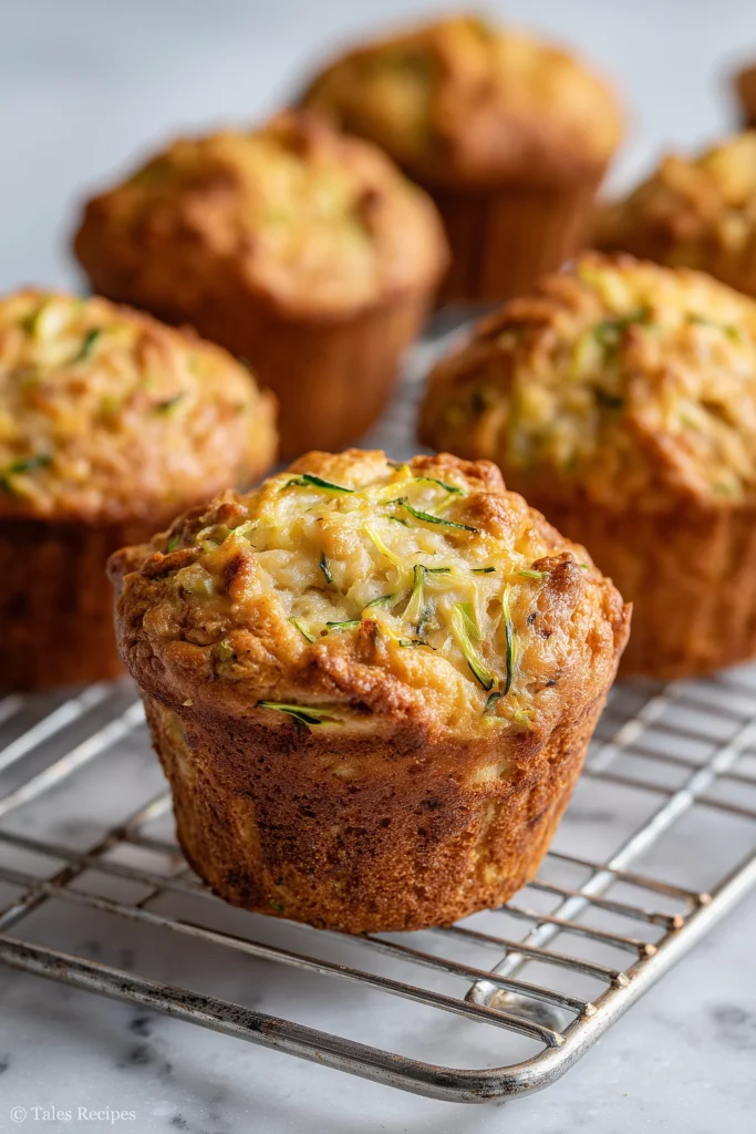 Golden zucchini banana muffins displayed on a wire rack in a modern kitchen setting.