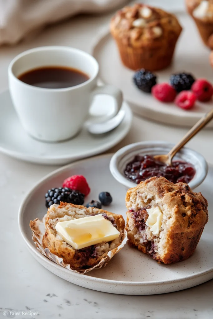 Zucchini banana muffin served with butter and berries alongside coffee on a white marble background.