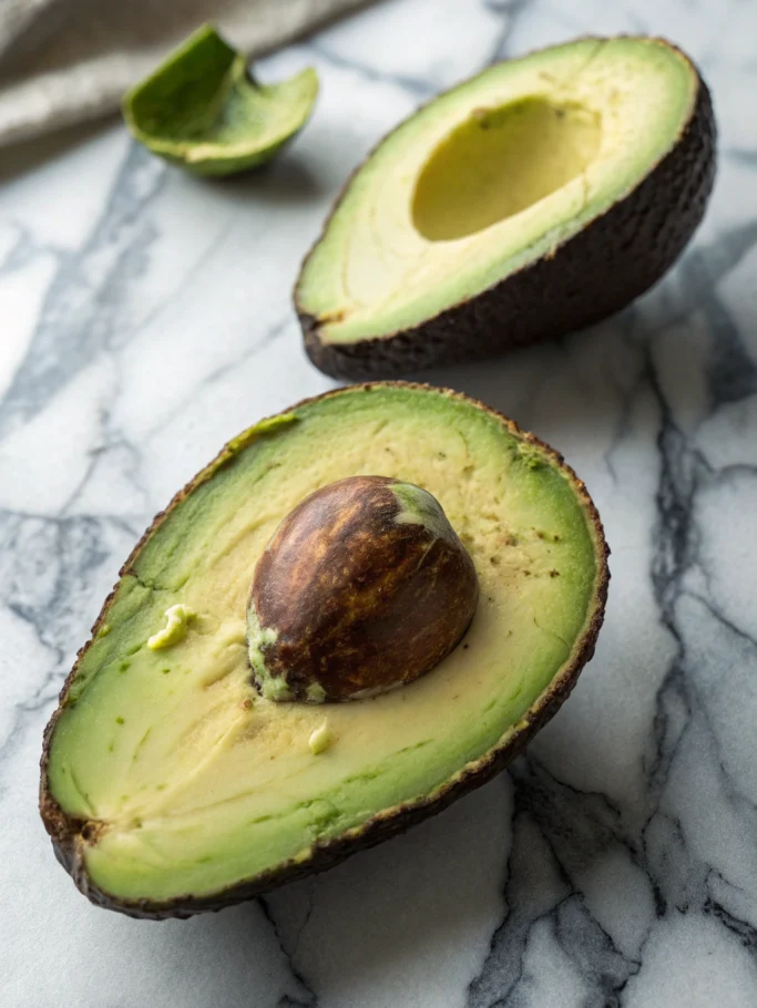 Cut avocado displayed on marble surface showing perfect diagonal scoring pattern for easy scooping