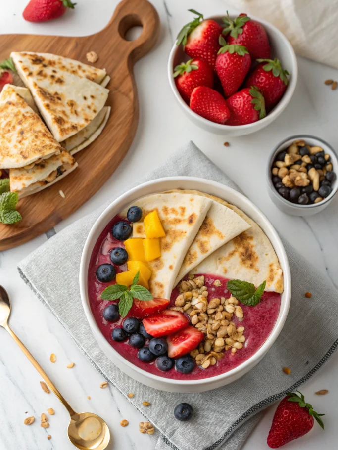 Quick breakfast options spread featuring colorful smoothie bowl, quesadilla, and overnight oats on marble countertop