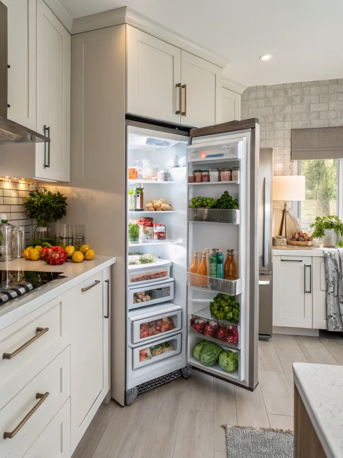 Clean fridge tips - immaculately organized fresh produce, crisp lighting, artistic kitchen scene.