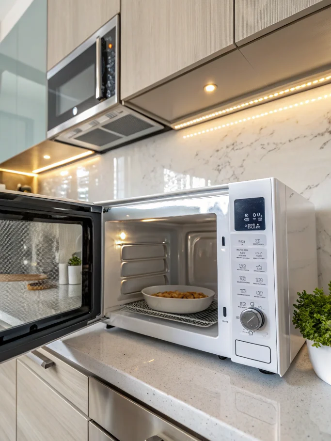 Clean Microwave: Sparkling Interior Shot, Pro Food Photography, Cinematic Lighting, Soft Shadows, Stainless Steel Appliance